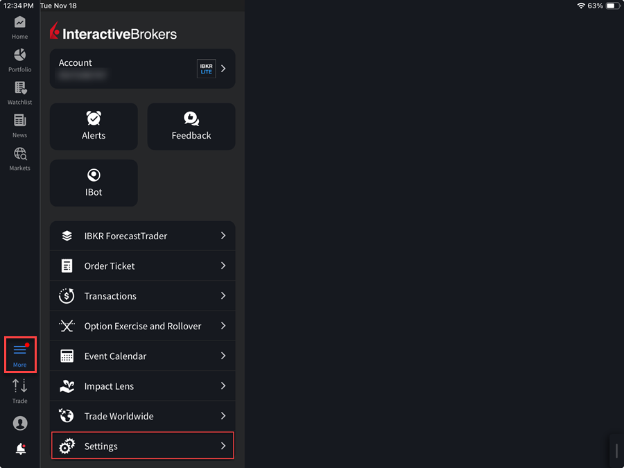 The account menu settings for the iPad